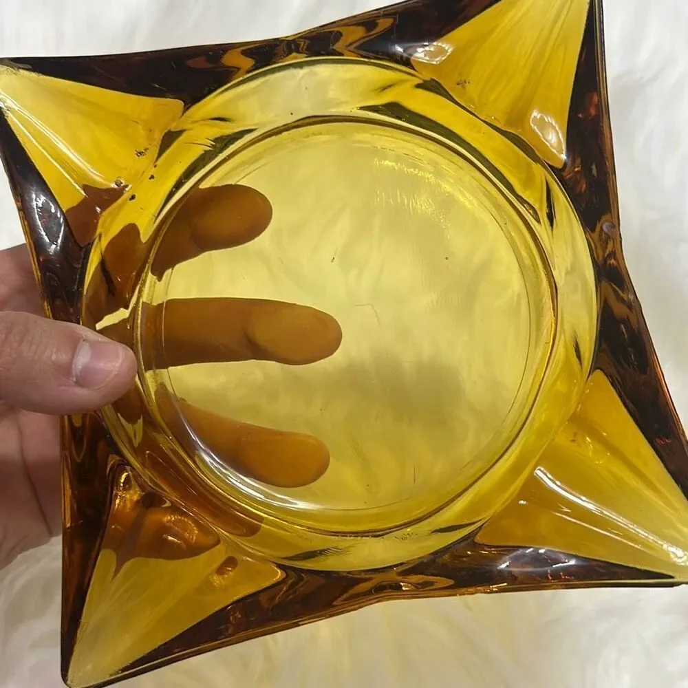 Vintage Retro Pointed Square Yellow Glass Ashtray Mid-Century Modern